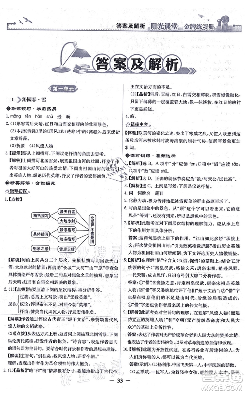 人民教育出版社2021陽光課堂金牌練習冊九年級語文上冊人教版答案