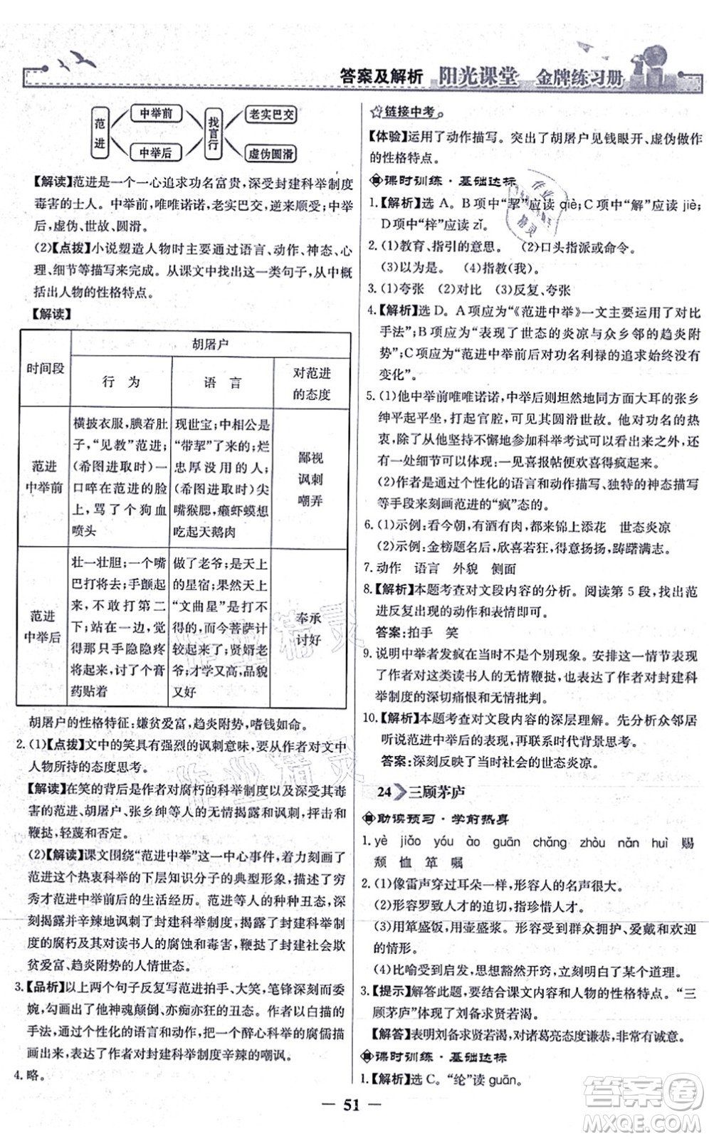 人民教育出版社2021陽光課堂金牌練習冊九年級語文上冊人教版答案