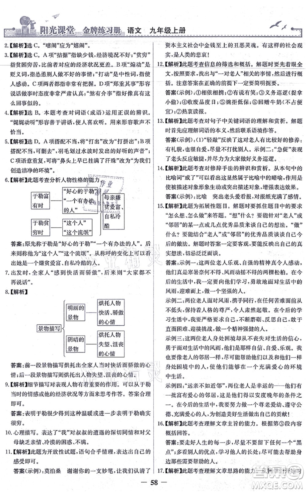 人民教育出版社2021陽光課堂金牌練習冊九年級語文上冊人教版答案
