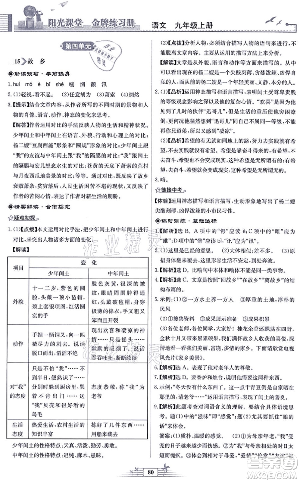 人民教育出版社2021陽(yáng)光課堂金牌練習(xí)冊(cè)九年級(jí)語(yǔ)文上冊(cè)人教版福建專版答案