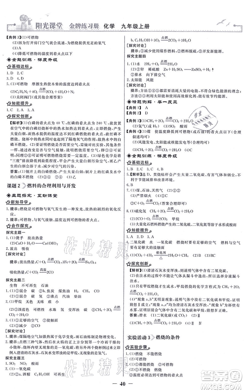 人民教育出版社2021陽光課堂金牌練習(xí)冊九年級化學(xué)上冊人教版答案