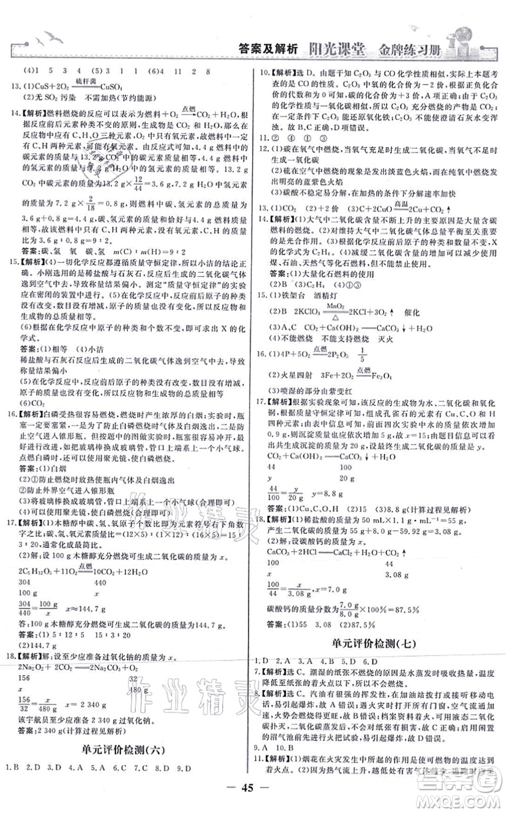 人民教育出版社2021陽光課堂金牌練習(xí)冊九年級化學(xué)上冊人教版答案