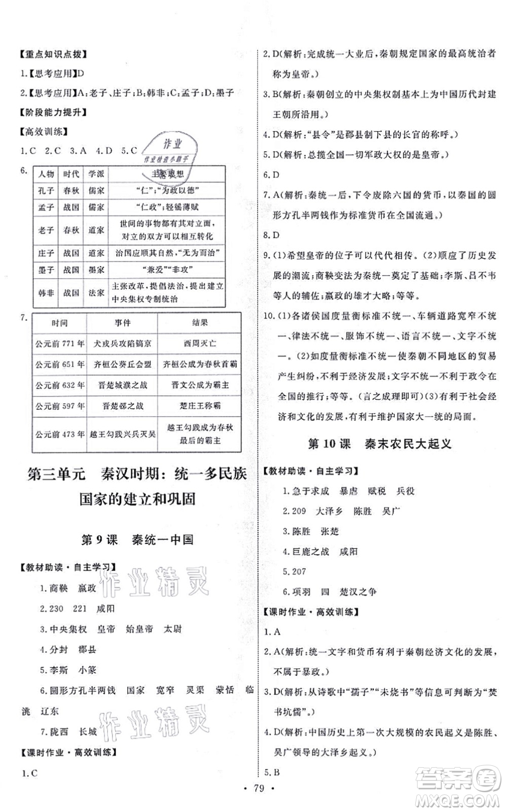 人民教育出版社2021能力培養(yǎng)與測試七年級歷史上冊人教版答案