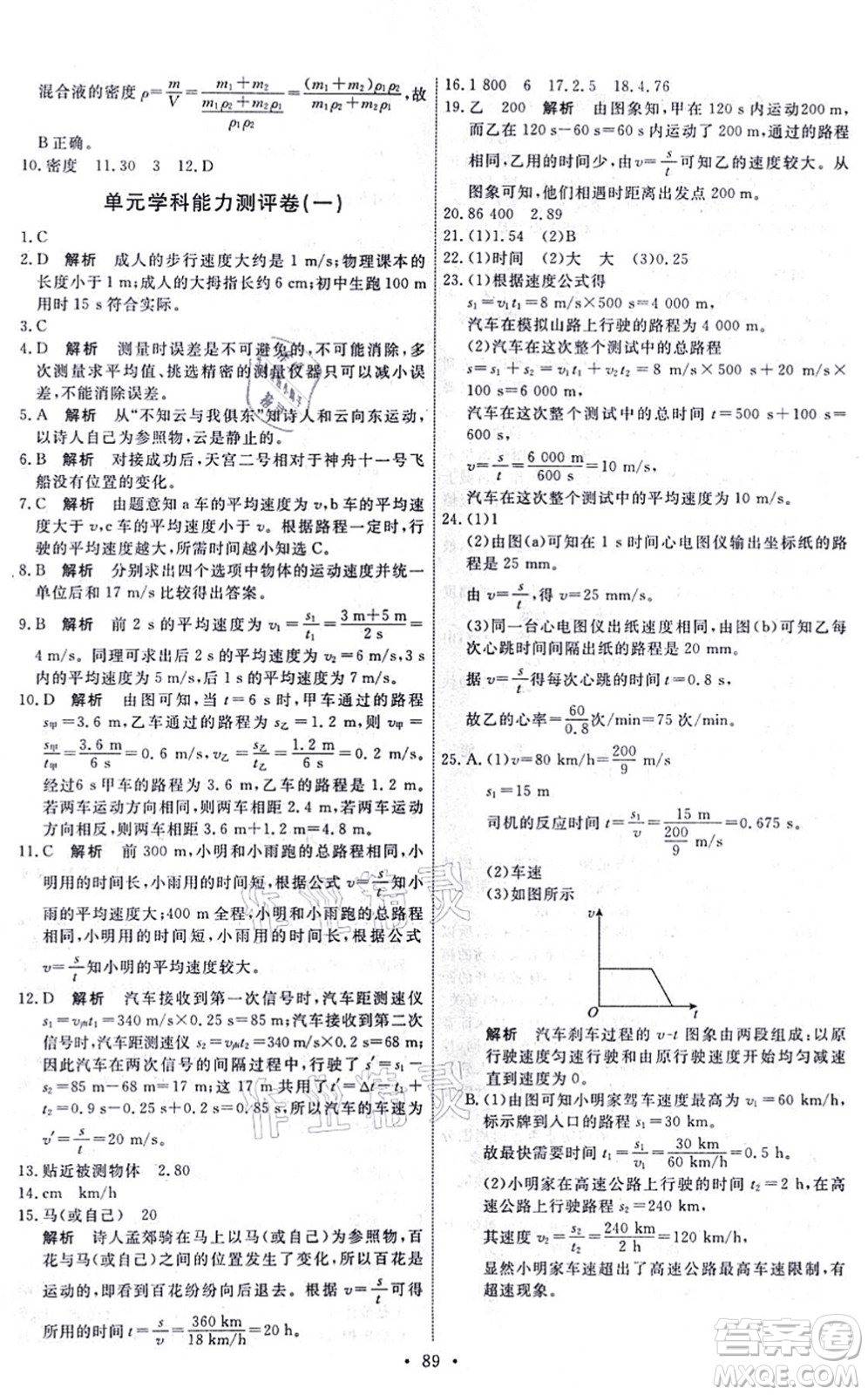 人民教育出版社2021能力培養(yǎng)與測(cè)試八年級(jí)物理上冊(cè)人教版湖南專版答案
