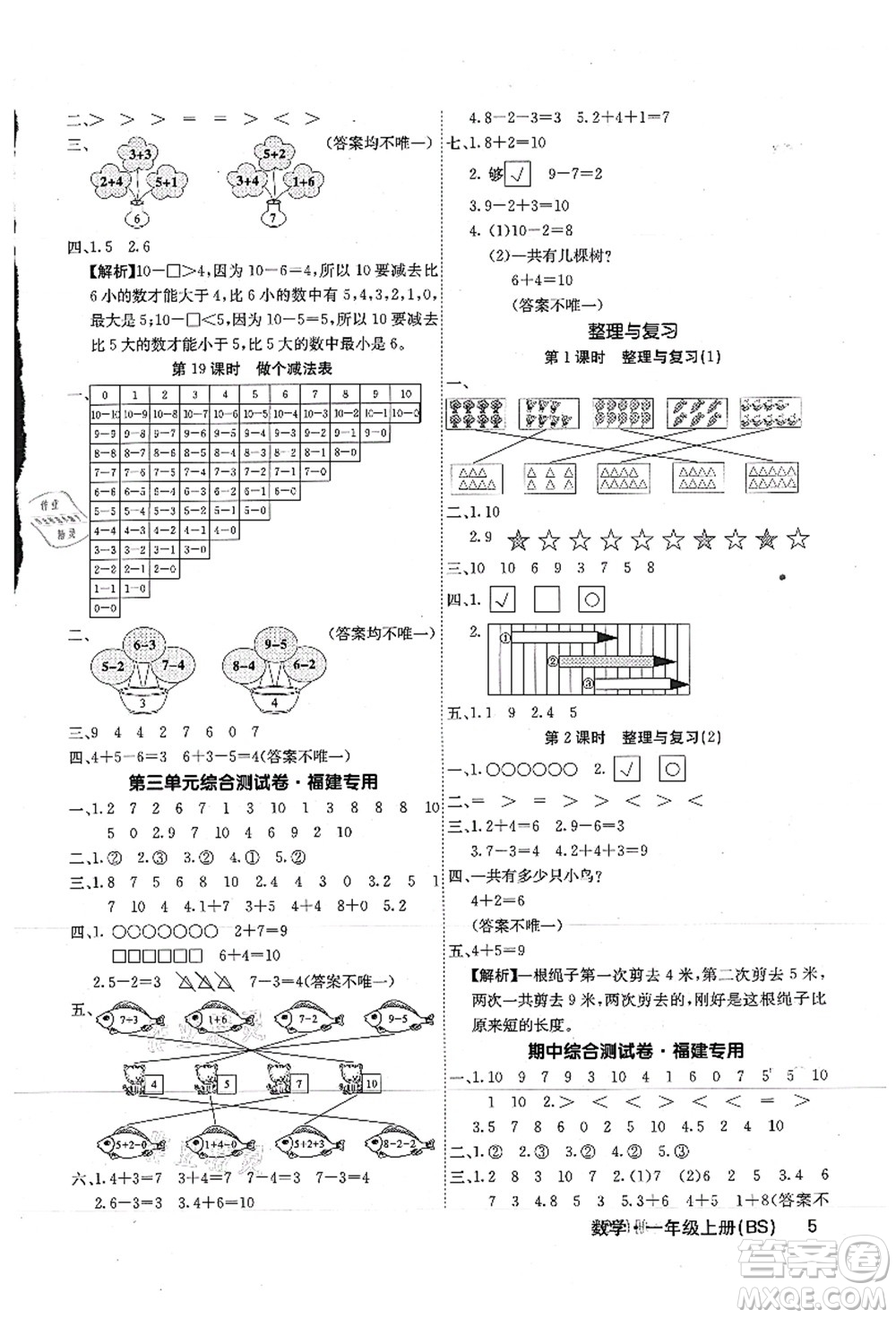 沈陽出版社2021課堂點睛一年級數(shù)學(xué)上冊BS北師版福建專版答案