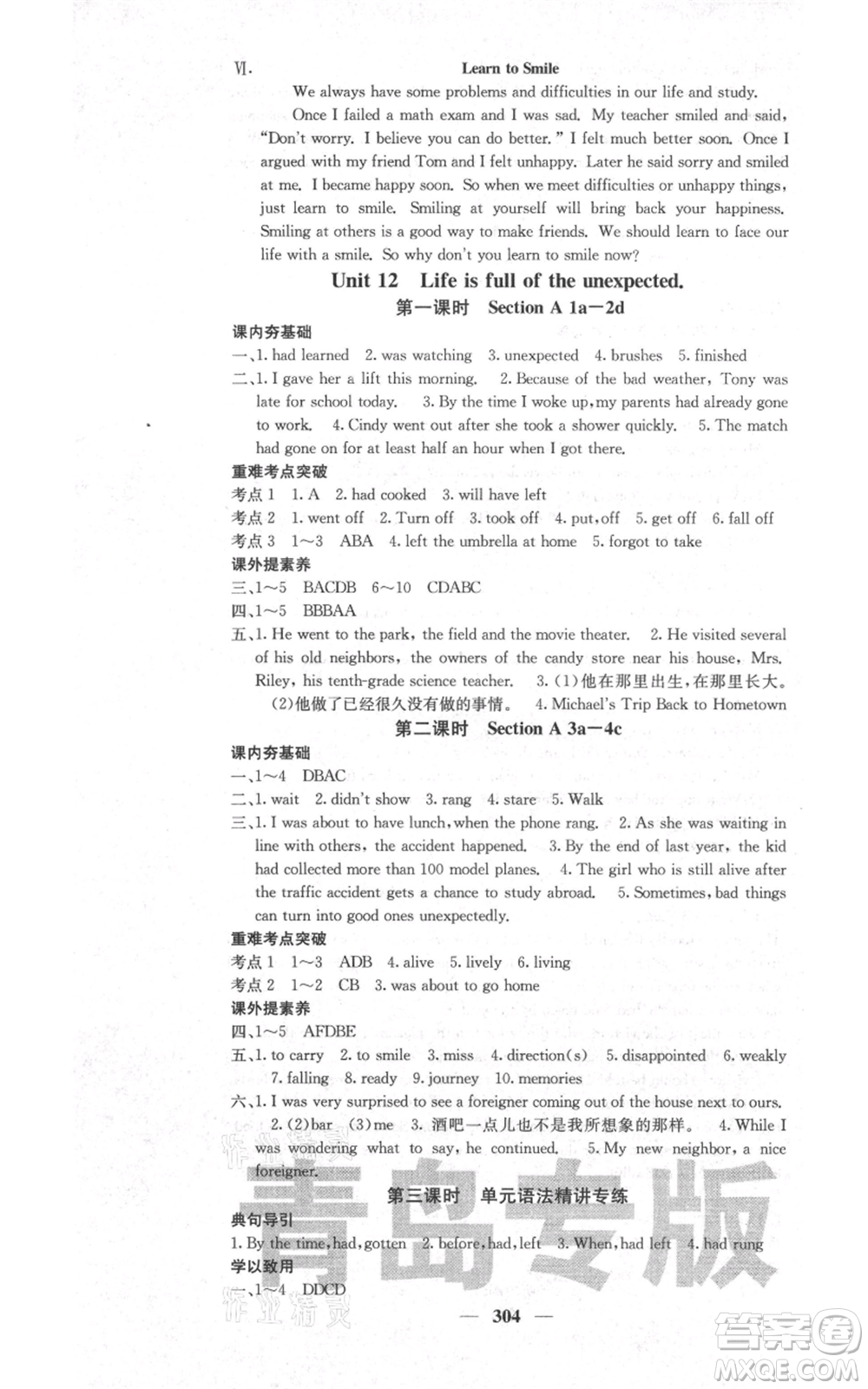 沈陽(yáng)出版社2021名校課堂內(nèi)外九年級(jí)英語(yǔ)人教版青島專版參考答案
