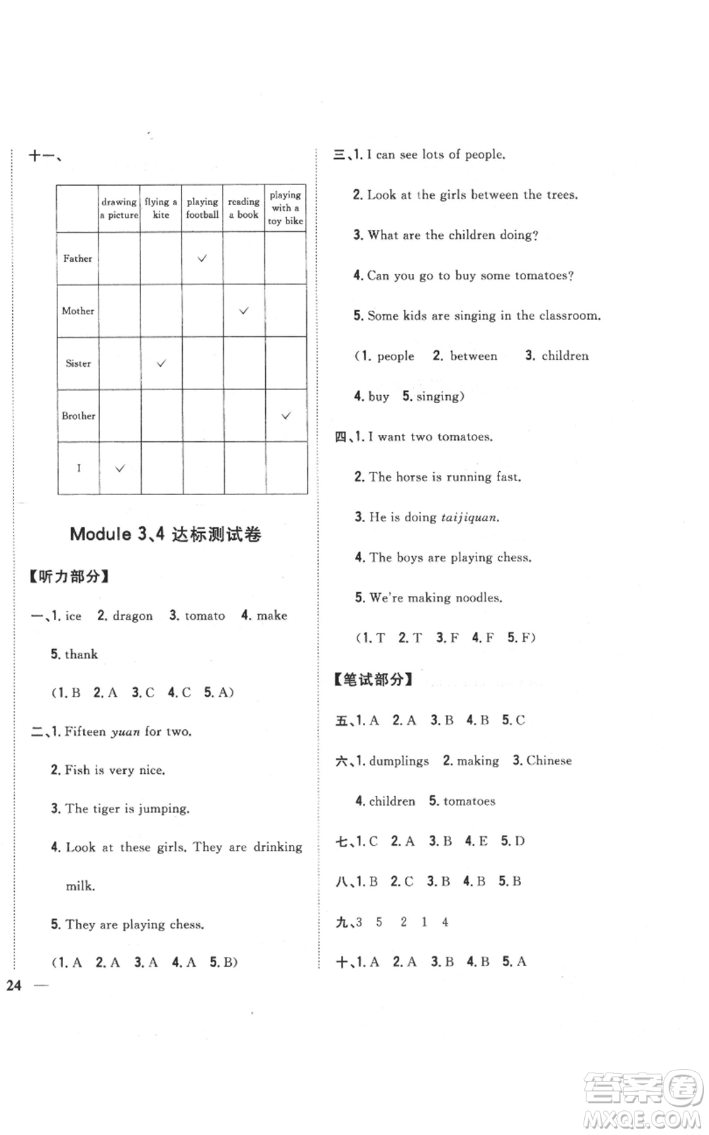 吉林人民出版社2021全科王同步課時練習(xí)四年級上冊英語外研版參考答案