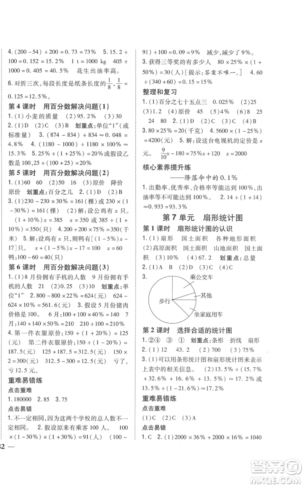 吉林人民出版社2021全科王同步課時(shí)練習(xí)校本作業(yè)六年級上冊數(shù)學(xué)人教版福建專版參考答案