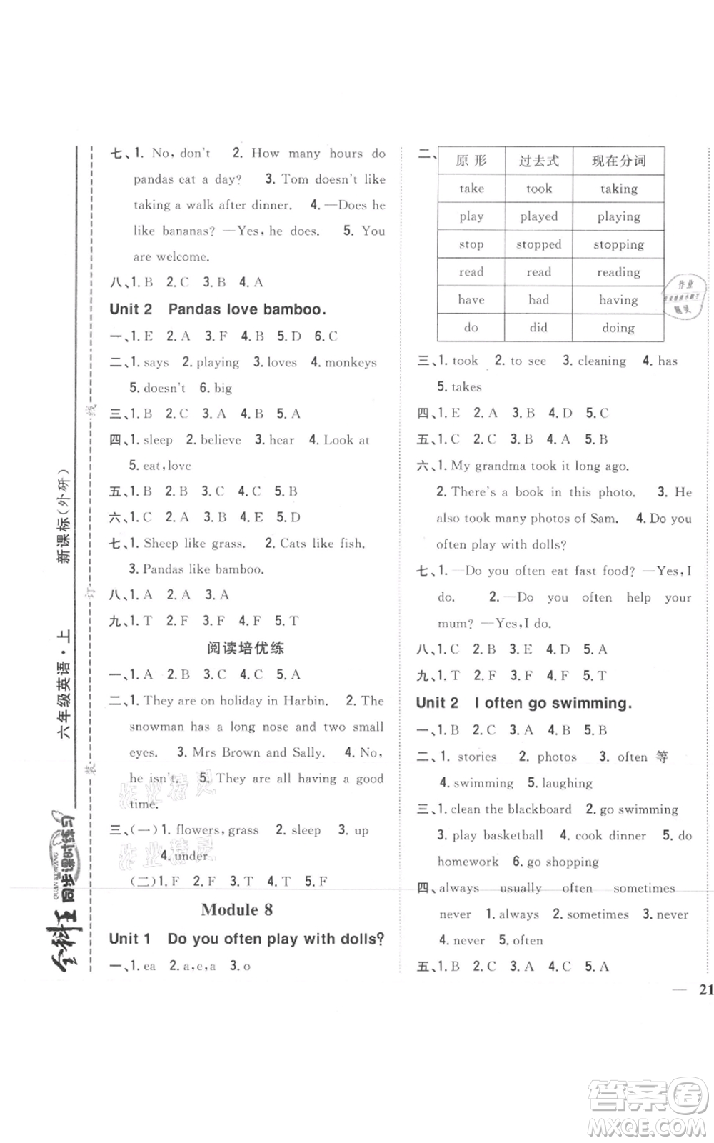 吉林人民出版社2021全科王同步課時練習(xí)六年級上冊英語外研版參考答案