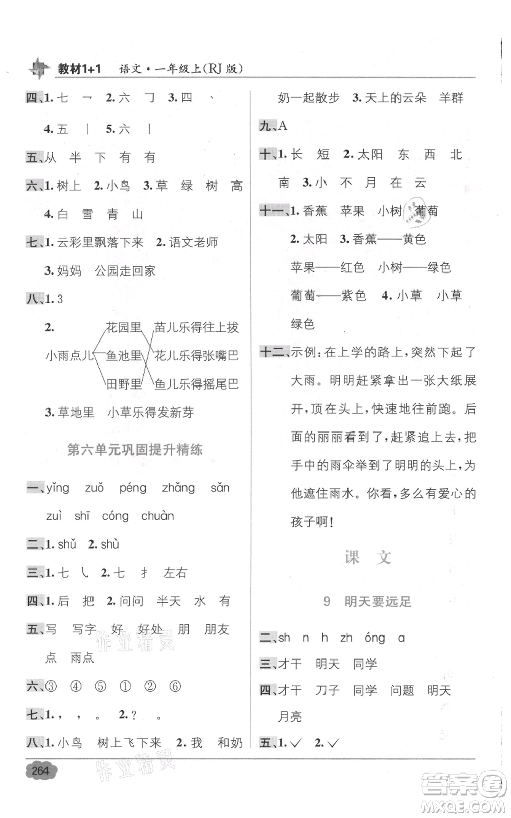 新疆青少年出版社2021教材1+1全解精練一年級(jí)上冊(cè)語(yǔ)文人教版參考答案