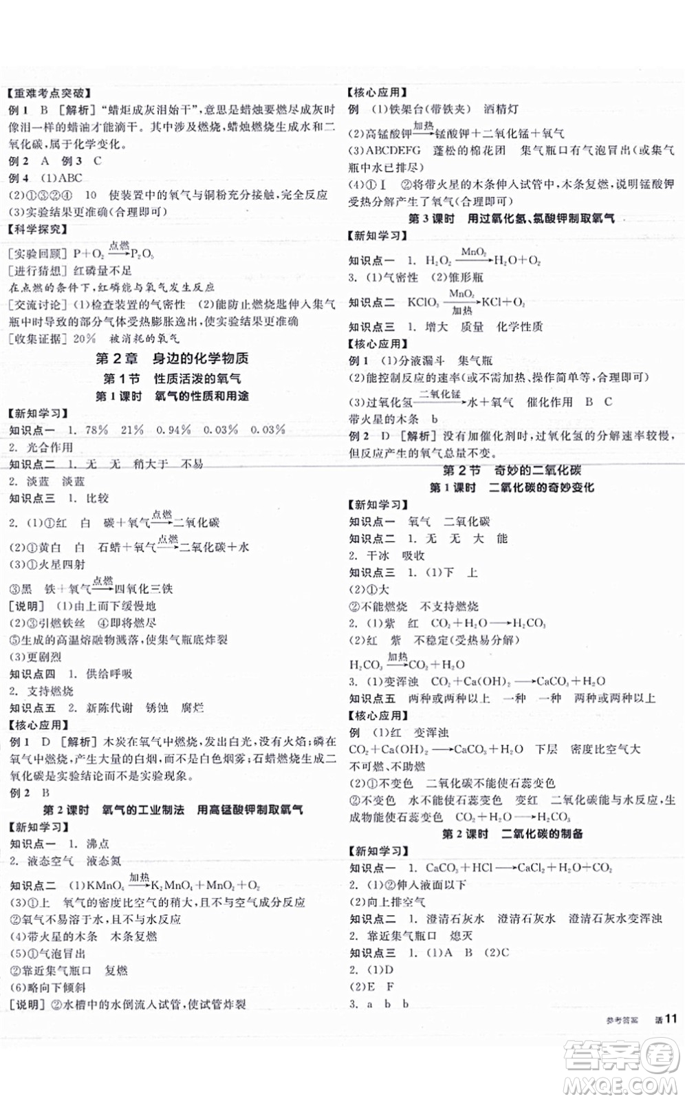 陽光出版社2021全品學(xué)練考聽課手冊(cè)九年級(jí)化學(xué)HJ滬教版答案