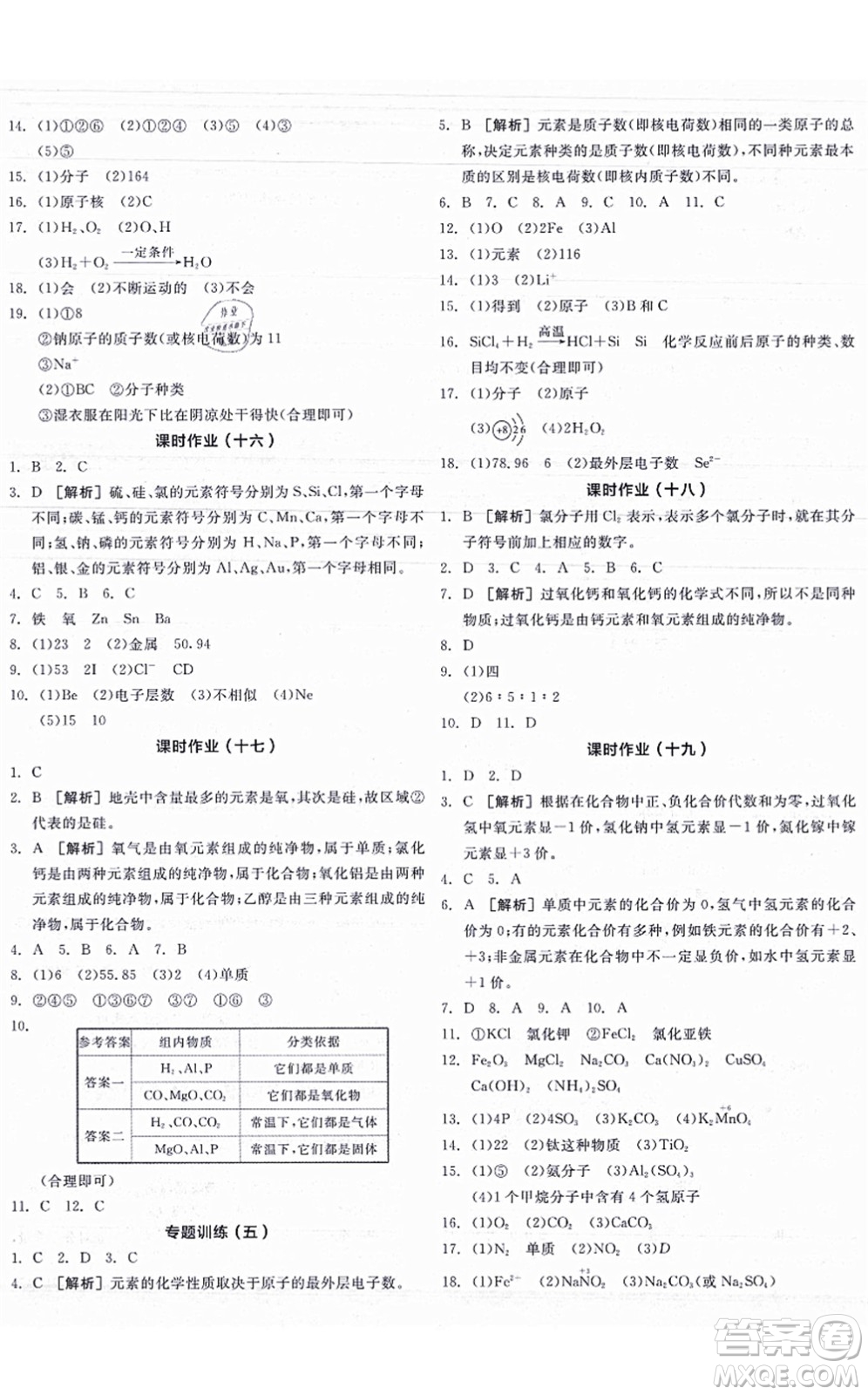 陽光出版社2021全品學(xué)練考聽課手冊(cè)九年級(jí)化學(xué)HJ滬教版答案