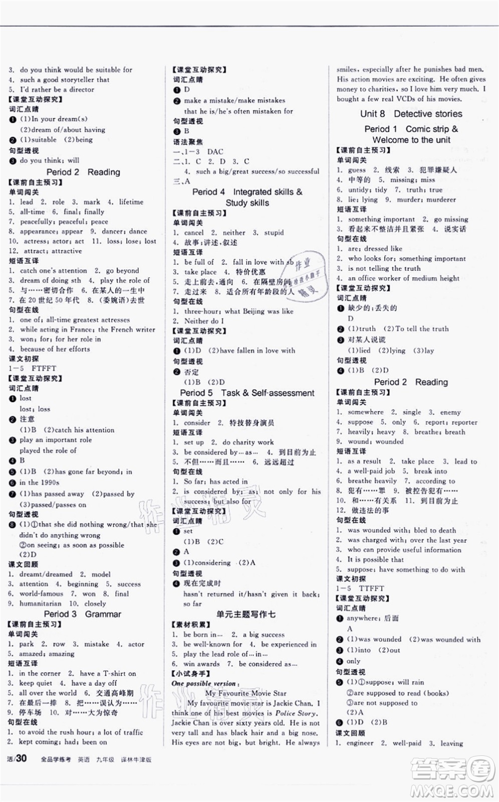 陽光出版社2021全品學(xué)練考聽課手冊九年級英語YLNJ譯林牛津版徐州專版答案