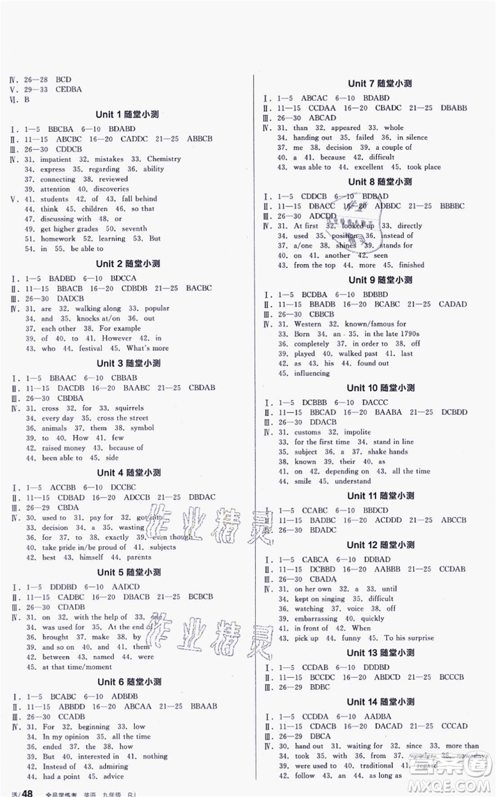 延邊教育出版社2021全品學(xué)練考作業(yè)手冊(cè)九年級(jí)英語(yǔ)RJ人教版包頭專版答案