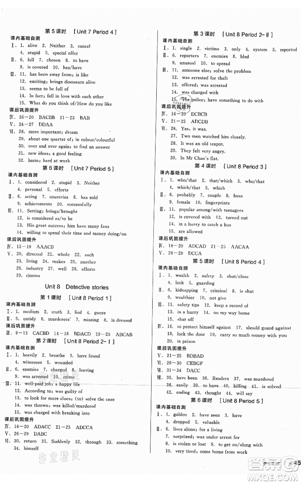 沈陽出版社2021全品學(xué)練考作業(yè)手冊(cè)九年級(jí)英語YLNJ譯林牛津版答案