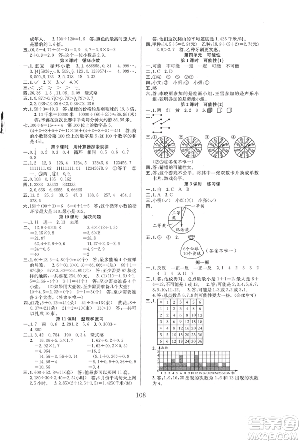 安徽人民出版社2021陽光課堂課時作業(yè)五年級數(shù)學(xué)上冊人教版參考答案