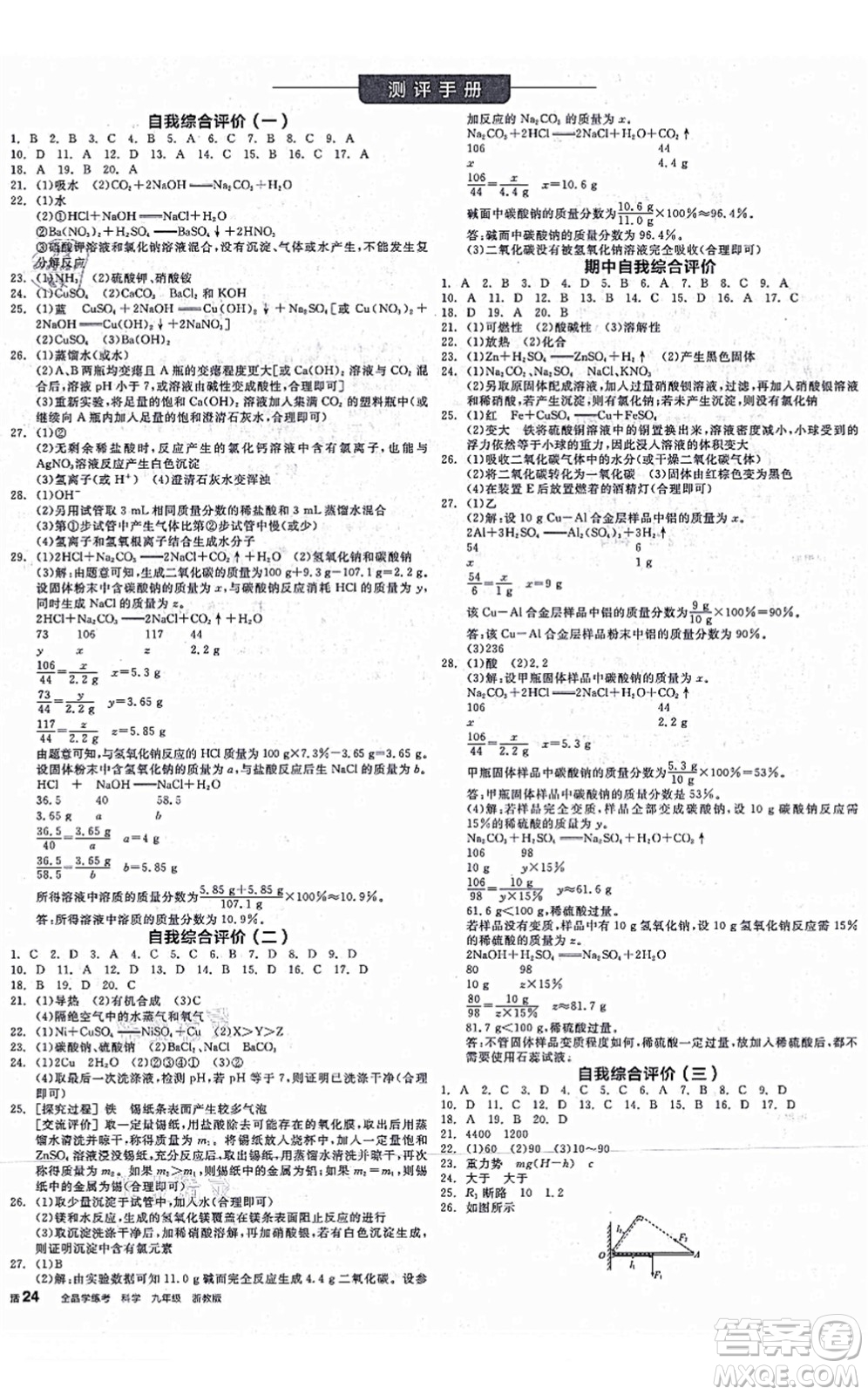 陽光出版社2021全品學(xué)練考作業(yè)手冊九年級科學(xué)AB本ZJ浙教版答案