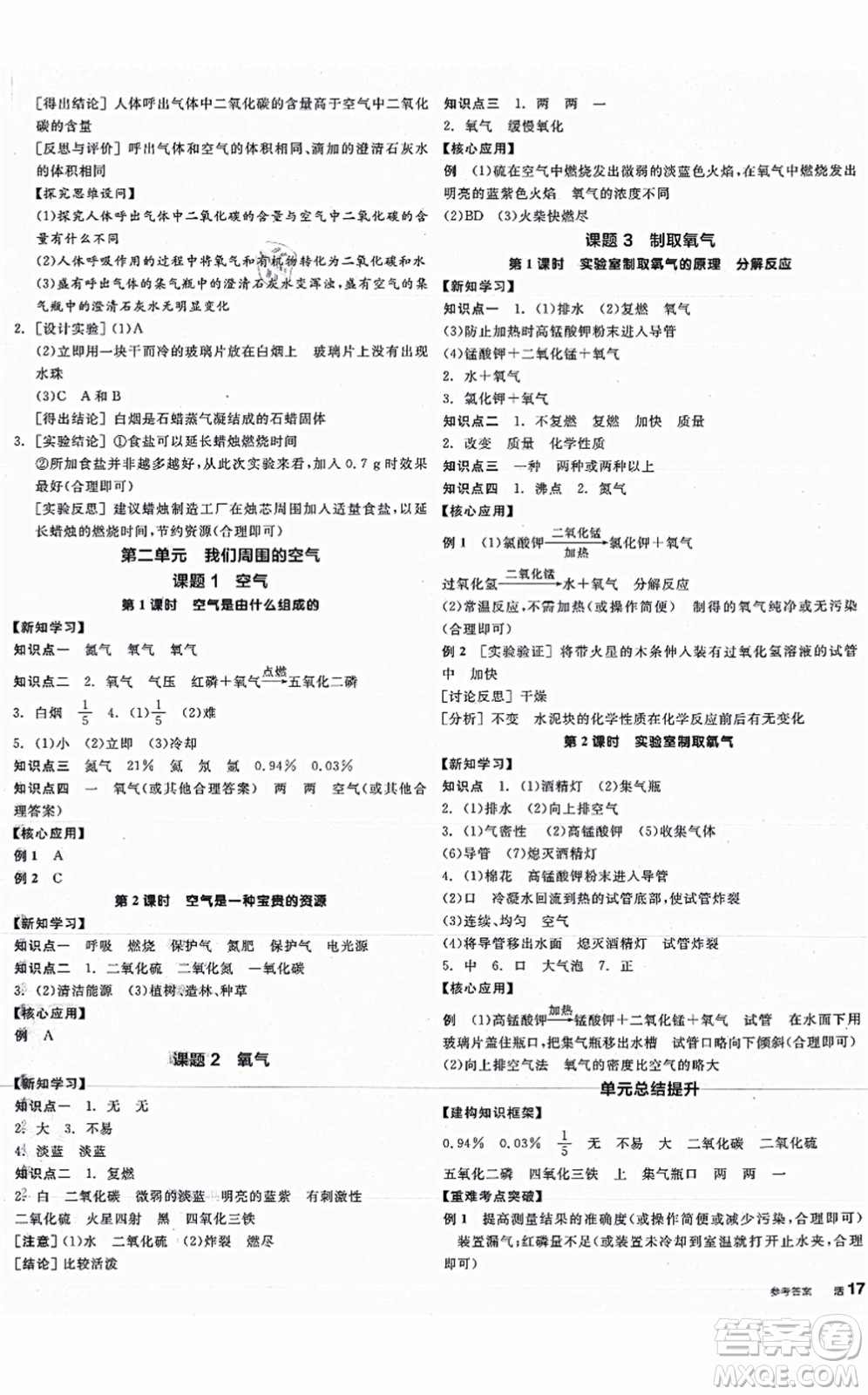 陽光出版社2021全品學練考聽課手冊九年級化學上冊RJ人教版江西專版答案