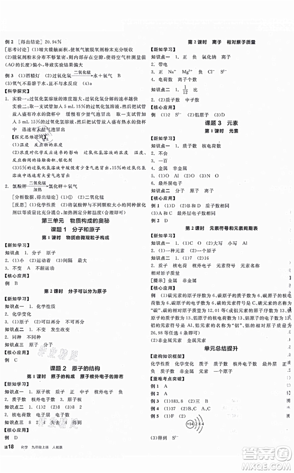 陽光出版社2021全品學練考聽課手冊九年級化學上冊RJ人教版江西專版答案