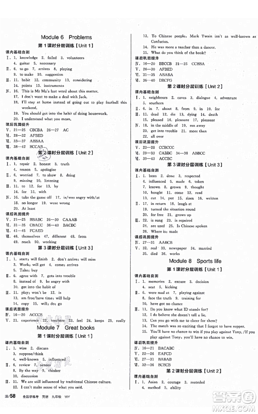 沈陽(yáng)出版社2021全品學(xué)練考作業(yè)手冊(cè)九年級(jí)英語(yǔ)WY外研版廣西專(zhuān)版答案