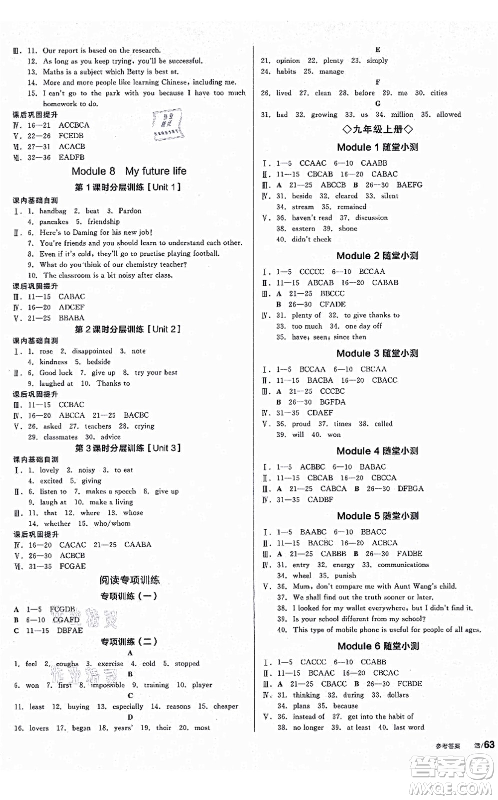 沈陽(yáng)出版社2021全品學(xué)練考作業(yè)手冊(cè)九年級(jí)英語(yǔ)WY外研版廣西專(zhuān)版答案