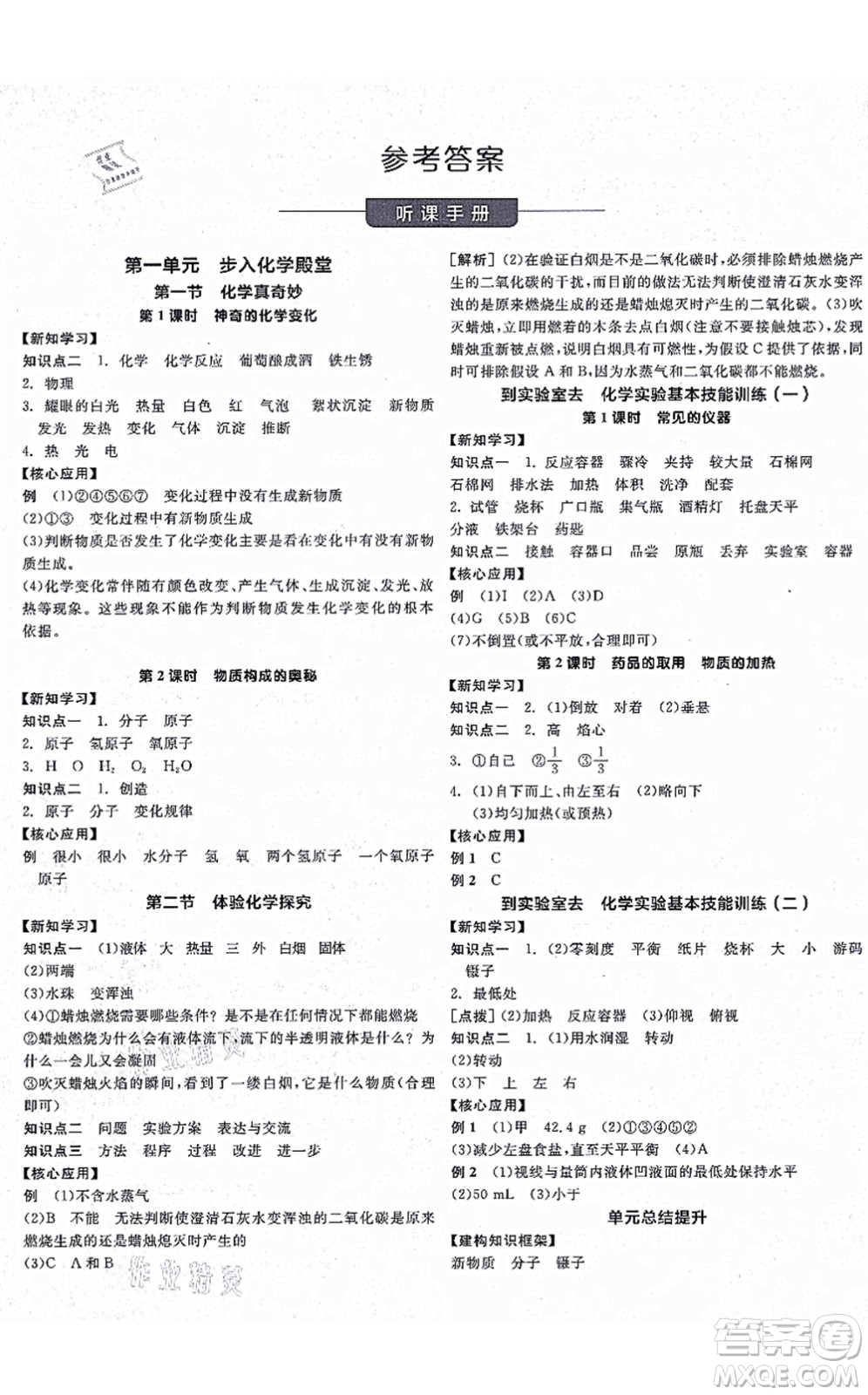 陽光出版社2021全品學(xué)練考聽課手冊(cè)九年級(jí)化學(xué)上冊(cè)LJ魯教版答案
