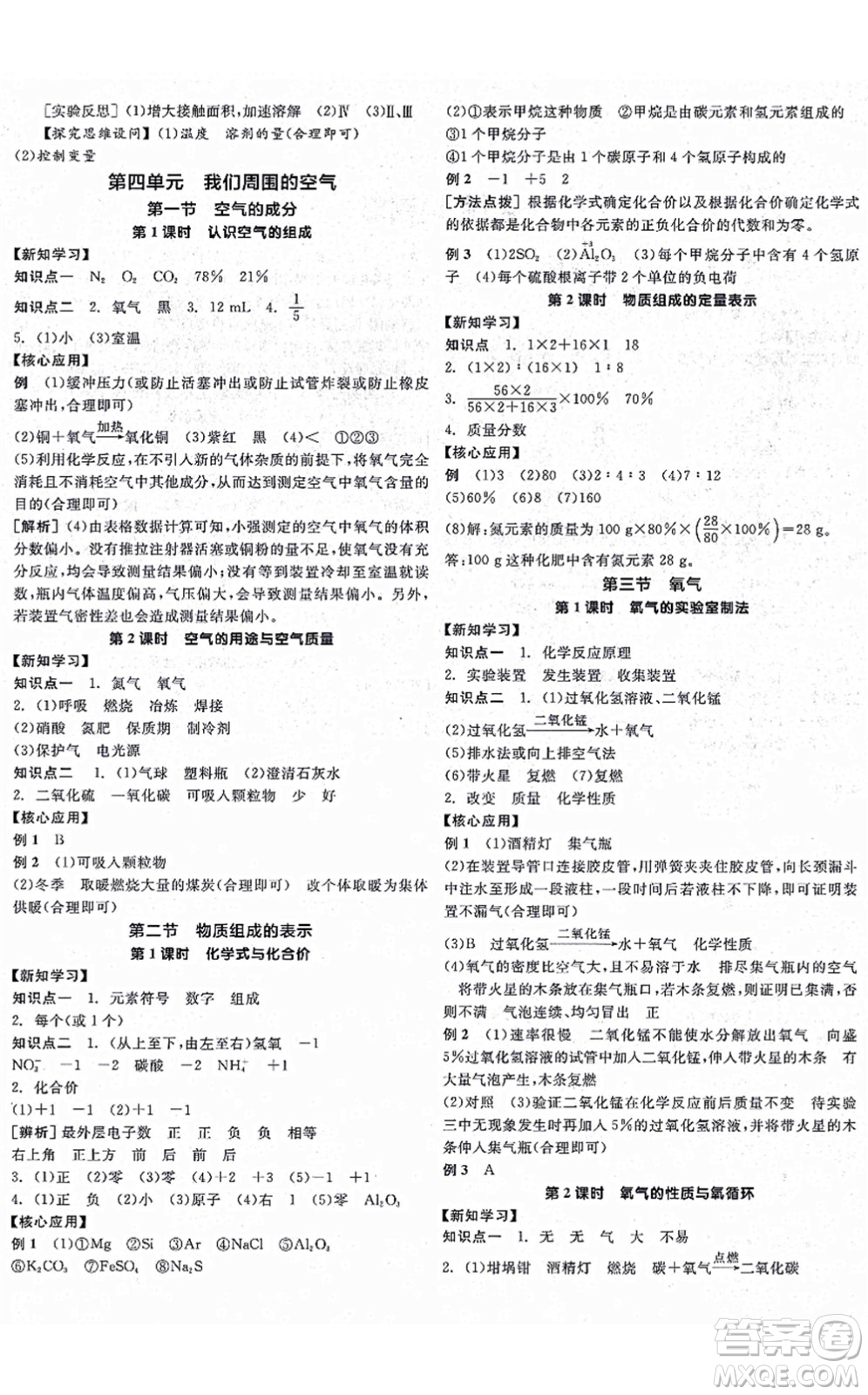 陽光出版社2021全品學(xué)練考聽課手冊(cè)九年級(jí)化學(xué)上冊(cè)LJ魯教版答案