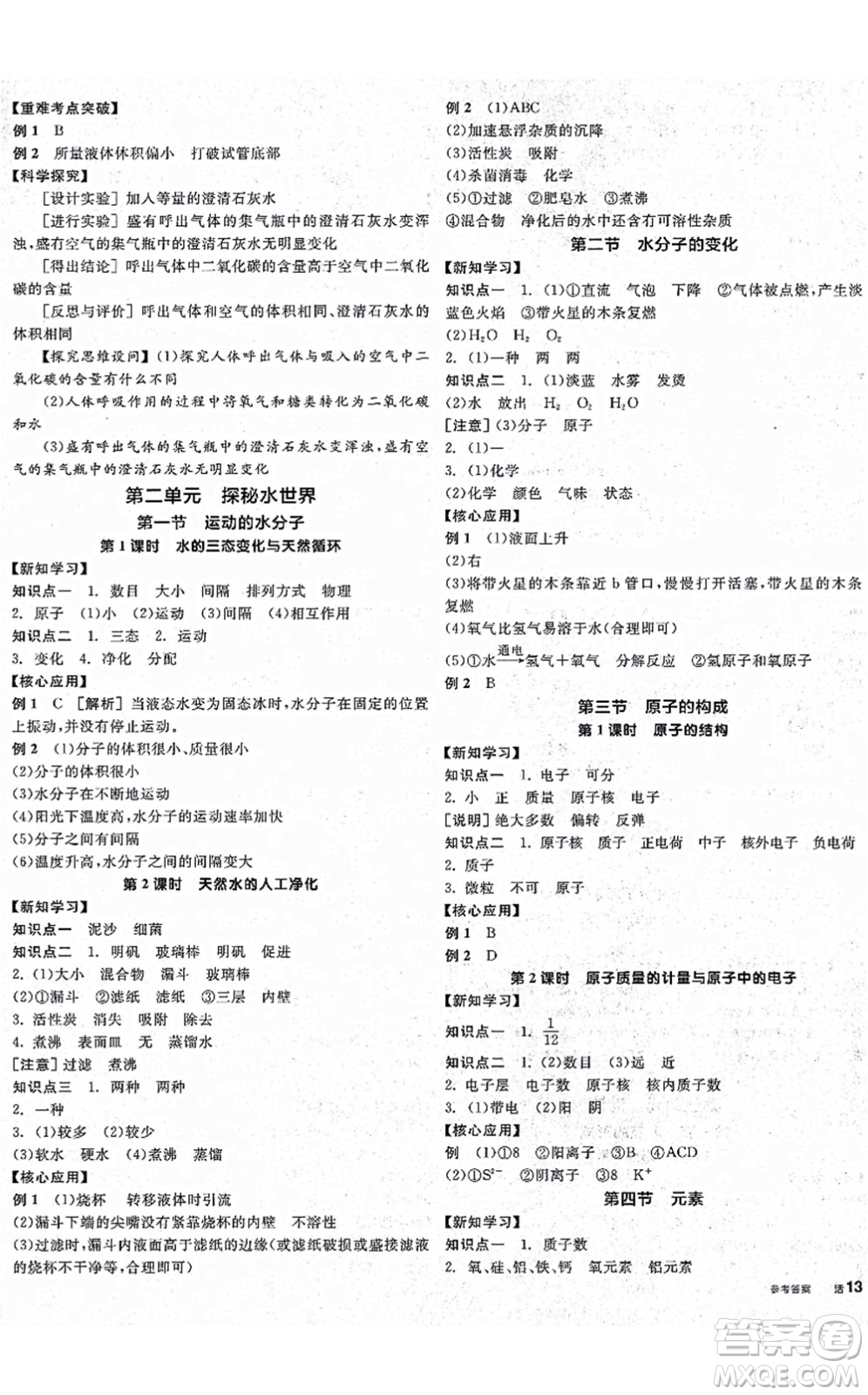 陽光出版社2021全品學(xué)練考聽課手冊(cè)九年級(jí)化學(xué)上冊(cè)LJ魯教版答案