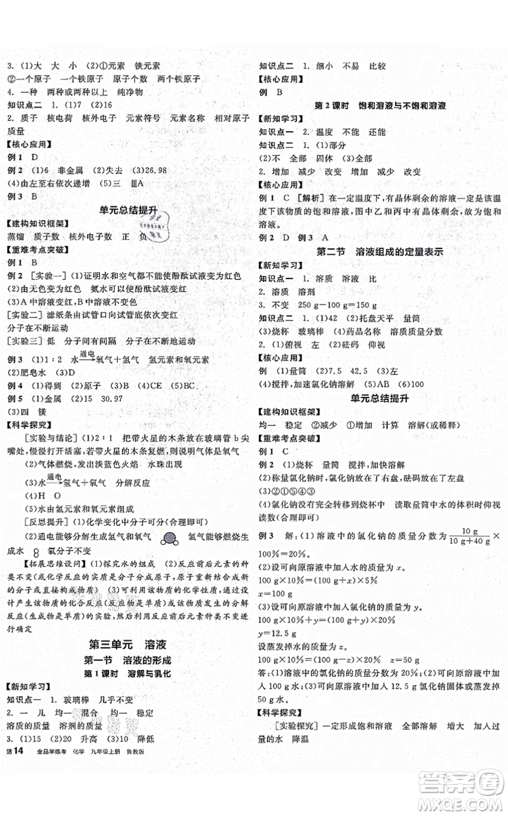 陽光出版社2021全品學(xué)練考聽課手冊(cè)九年級(jí)化學(xué)上冊(cè)LJ魯教版答案