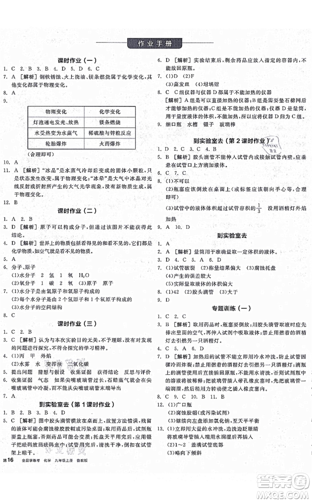 陽光出版社2021全品學(xué)練考聽課手冊(cè)九年級(jí)化學(xué)上冊(cè)LJ魯教版答案