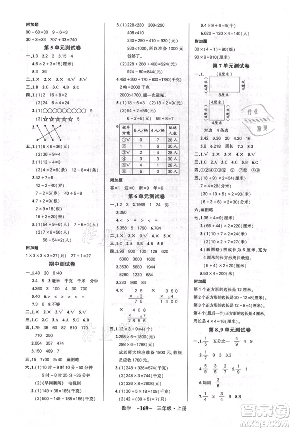 武漢出版社2021狀元成才路創(chuàng)優(yōu)作業(yè)100分三年級上冊數(shù)學人教版湖北專版參考答案