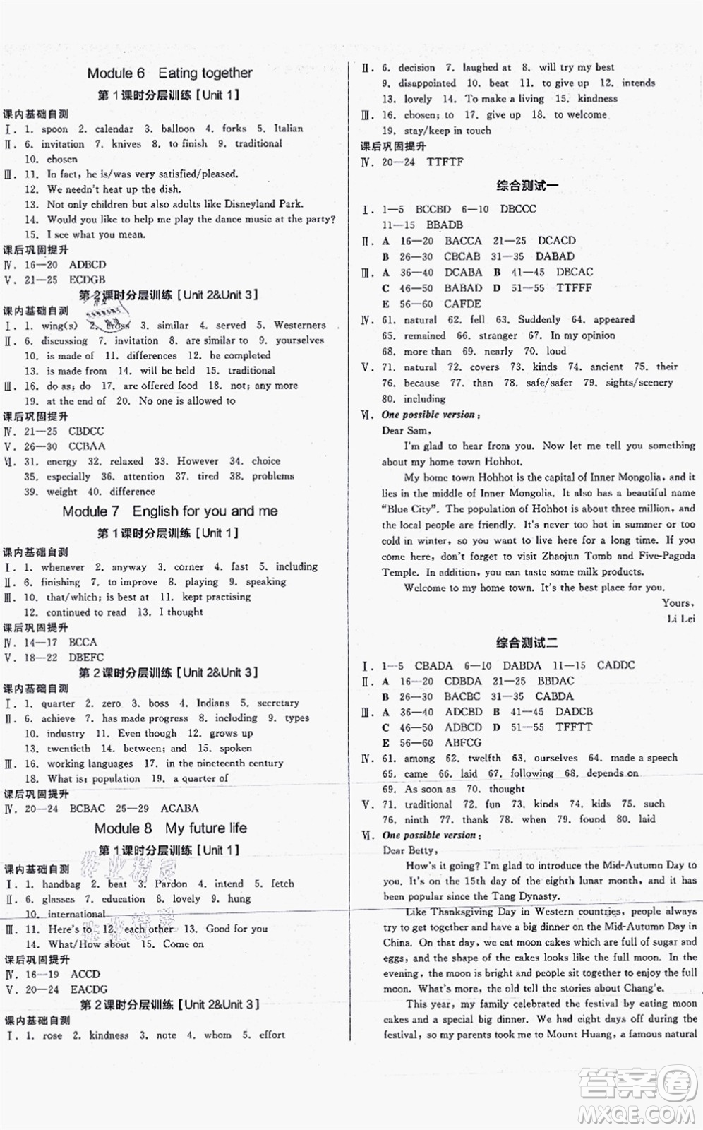 沈陽出版社2021全品學(xué)練考作業(yè)手冊(cè)九年級(jí)英語WY外研版內(nèi)蒙古專版答案