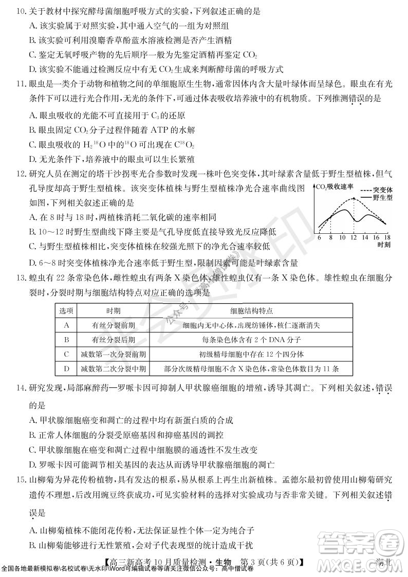 2022屆九師聯(lián)盟高三新高考10月質量檢測生物試題及答案
