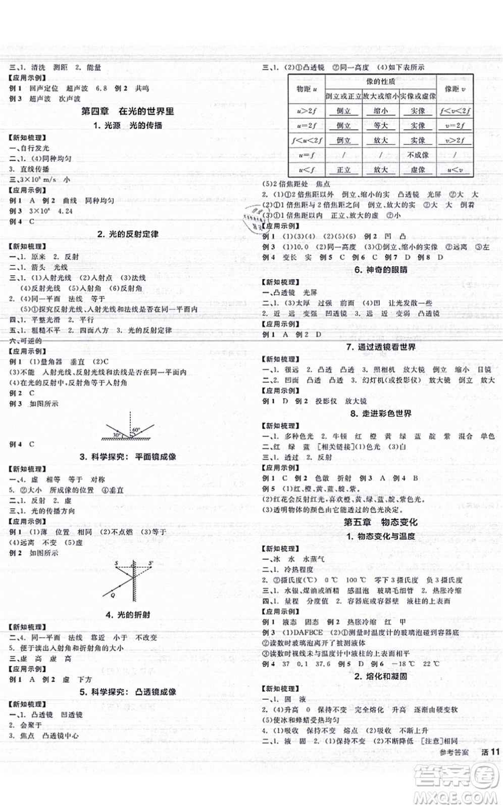 陽光出版社2021全品學練考聽課手冊八年級物理上冊JK教科版答案