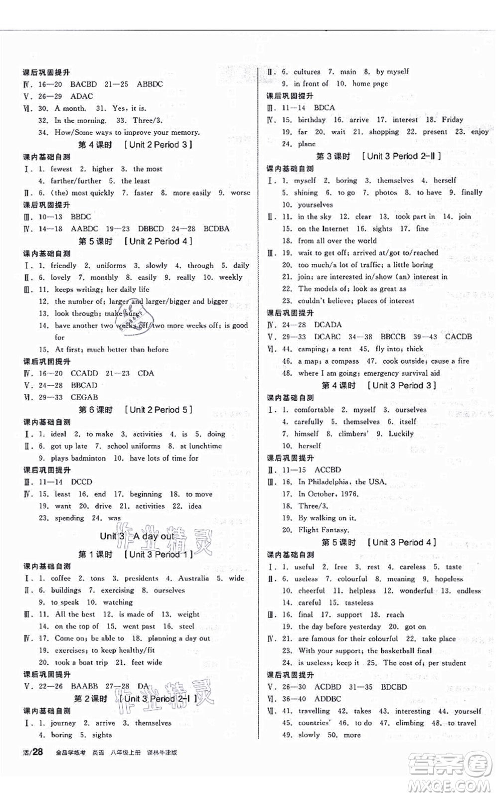 陽(yáng)光出版社2021全品學(xué)練考聽課手冊(cè)八年級(jí)英語(yǔ)上冊(cè)YLNJ譯林牛津版答案