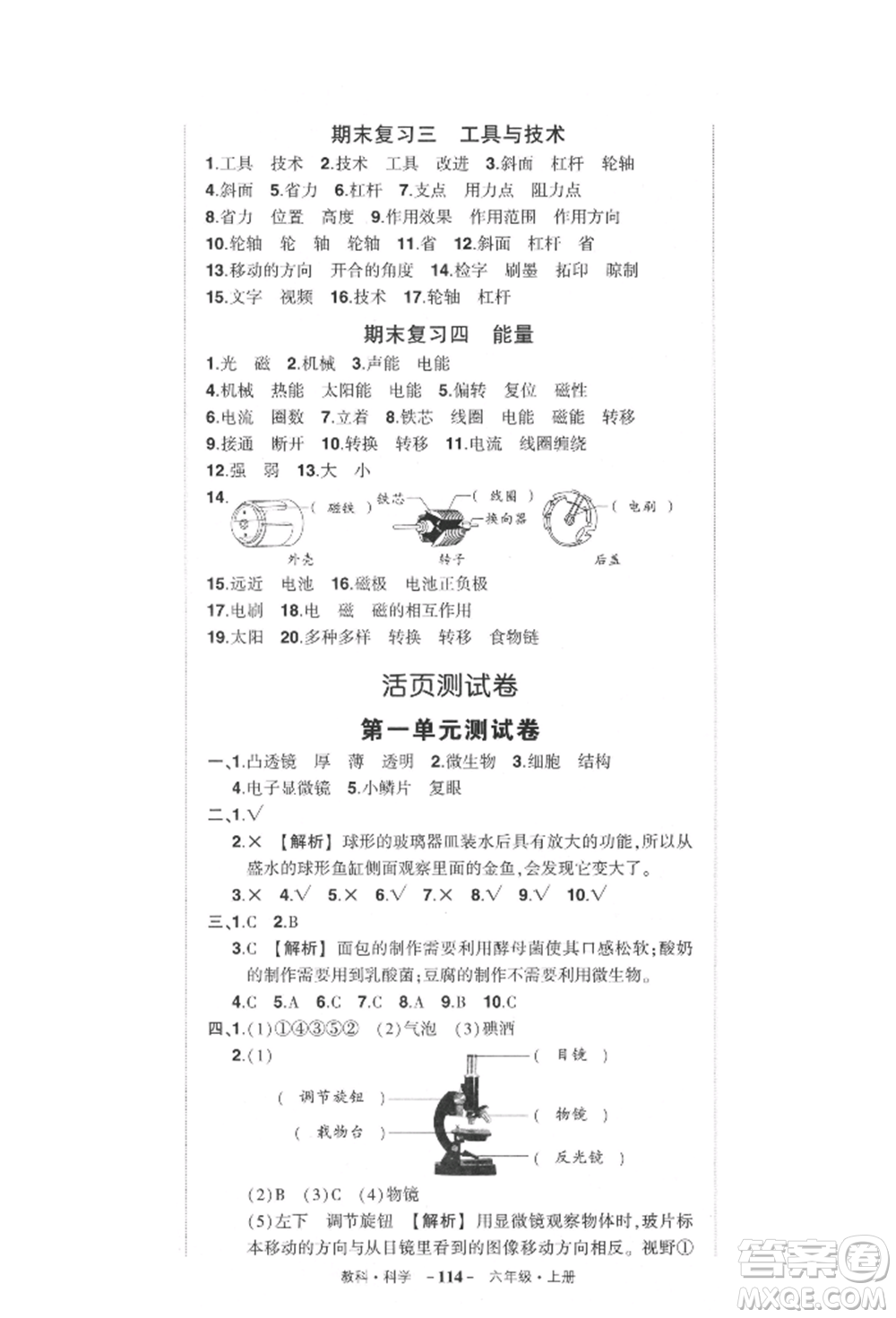 武漢出版社2021狀元成才路創(chuàng)優(yōu)作業(yè)100分六年級上冊科學教科版參考答案