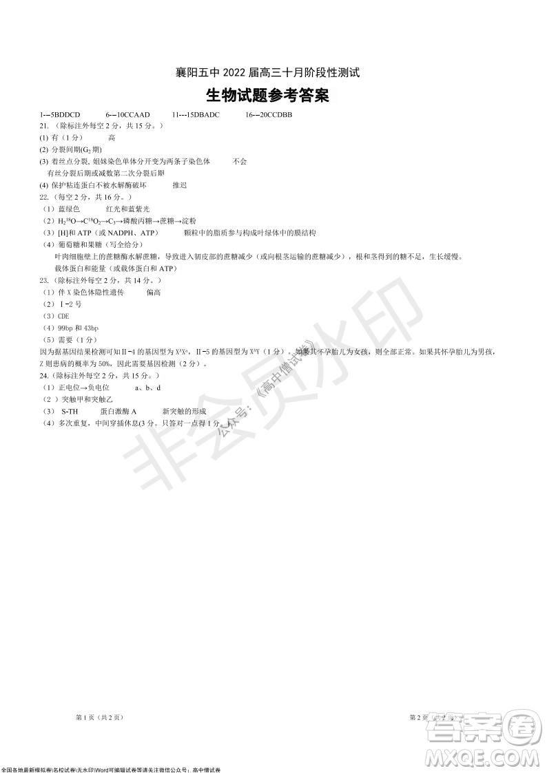 湖北省部分重點(diǎn)中學(xué)2022屆高三10月聯(lián)考生物試題及答案