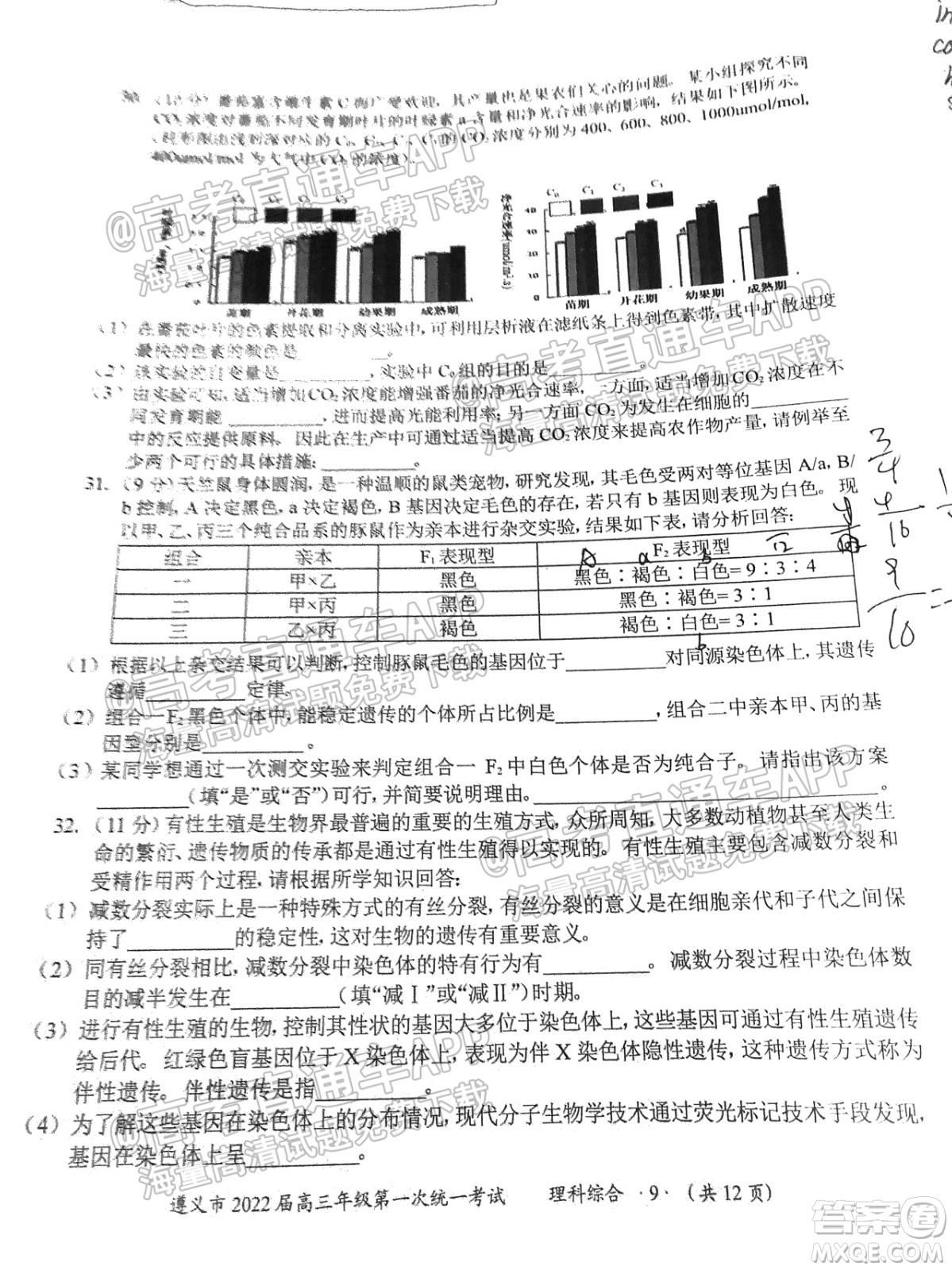 遵義市2022屆高三年級(jí)第一次統(tǒng)一考試?yán)砜凭C合試題及答案