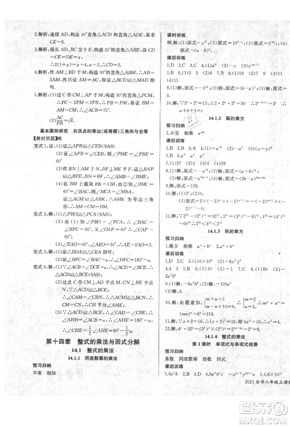 長江少年兒童出版社2021樂學(xué)課堂課時(shí)學(xué)講練八年級(jí)上冊(cè)數(shù)學(xué)人教版參考答案