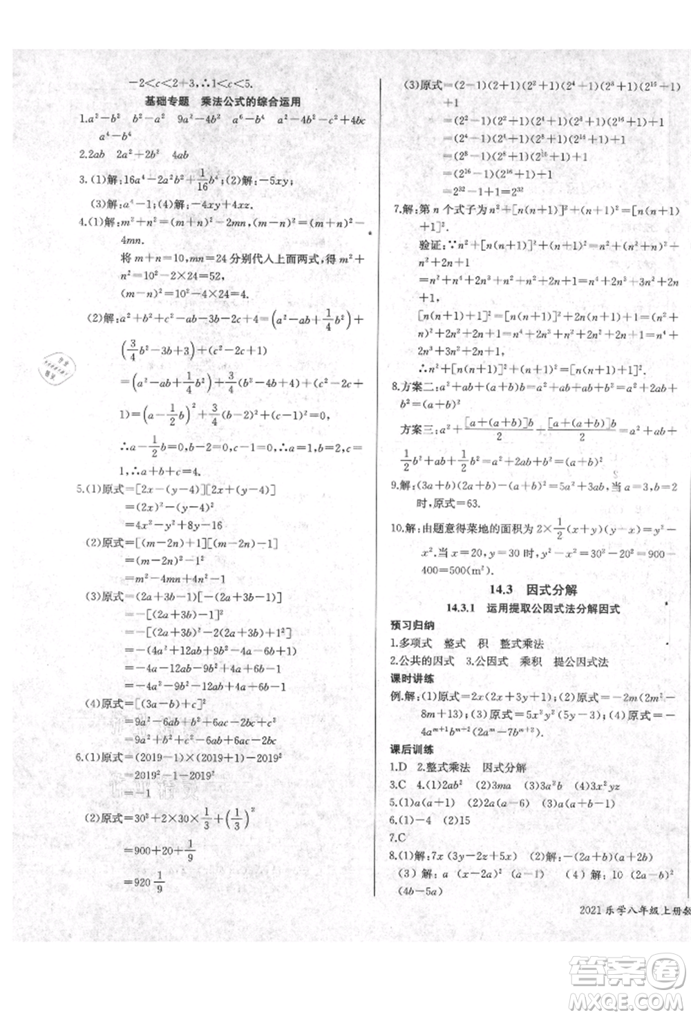 長江少年兒童出版社2021樂學(xué)課堂課時(shí)學(xué)講練八年級(jí)上冊(cè)數(shù)學(xué)人教版參考答案