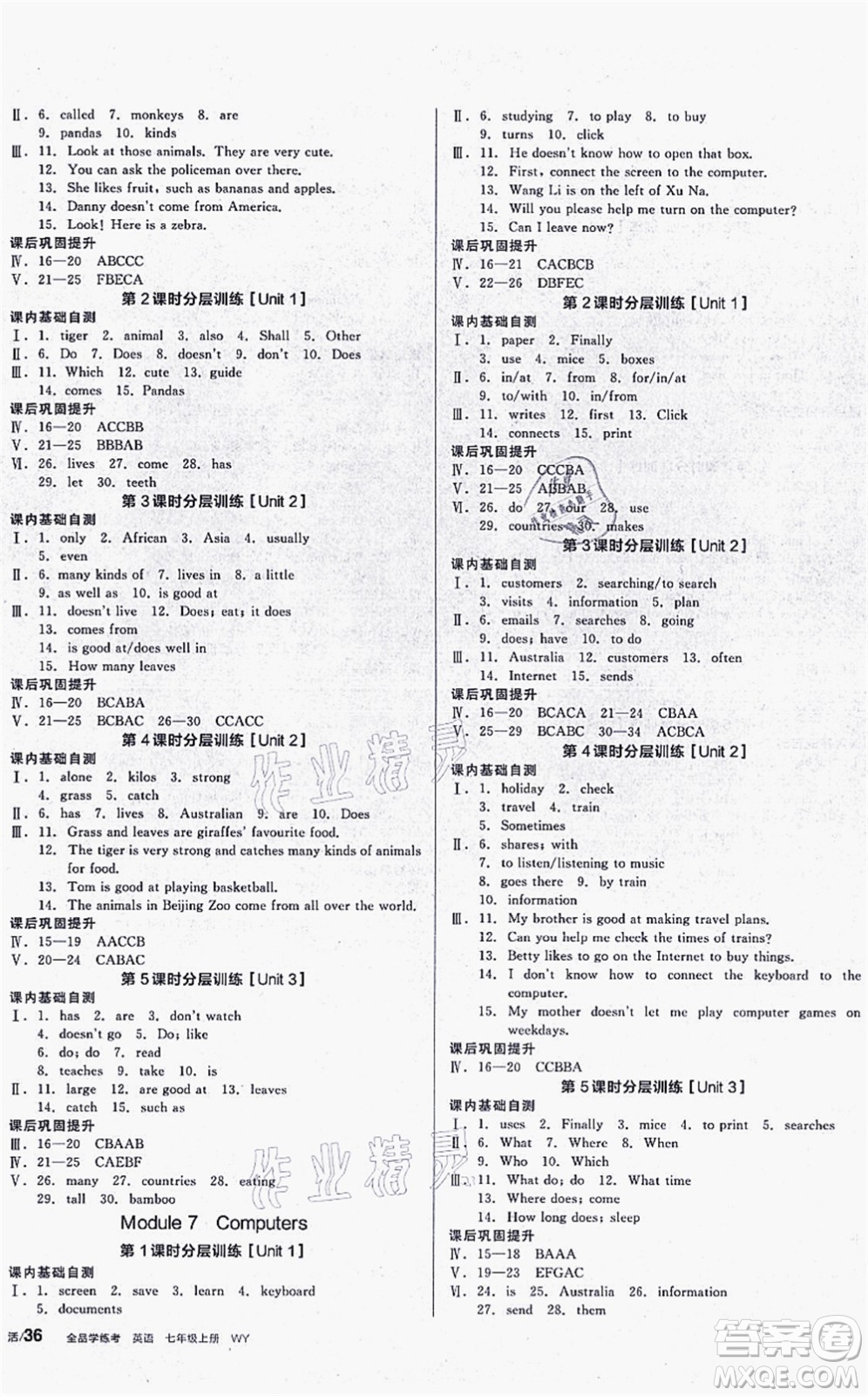 沈陽出版社2021全品學(xué)練考聽課手冊七年級英語WY外研版廣西專版答案