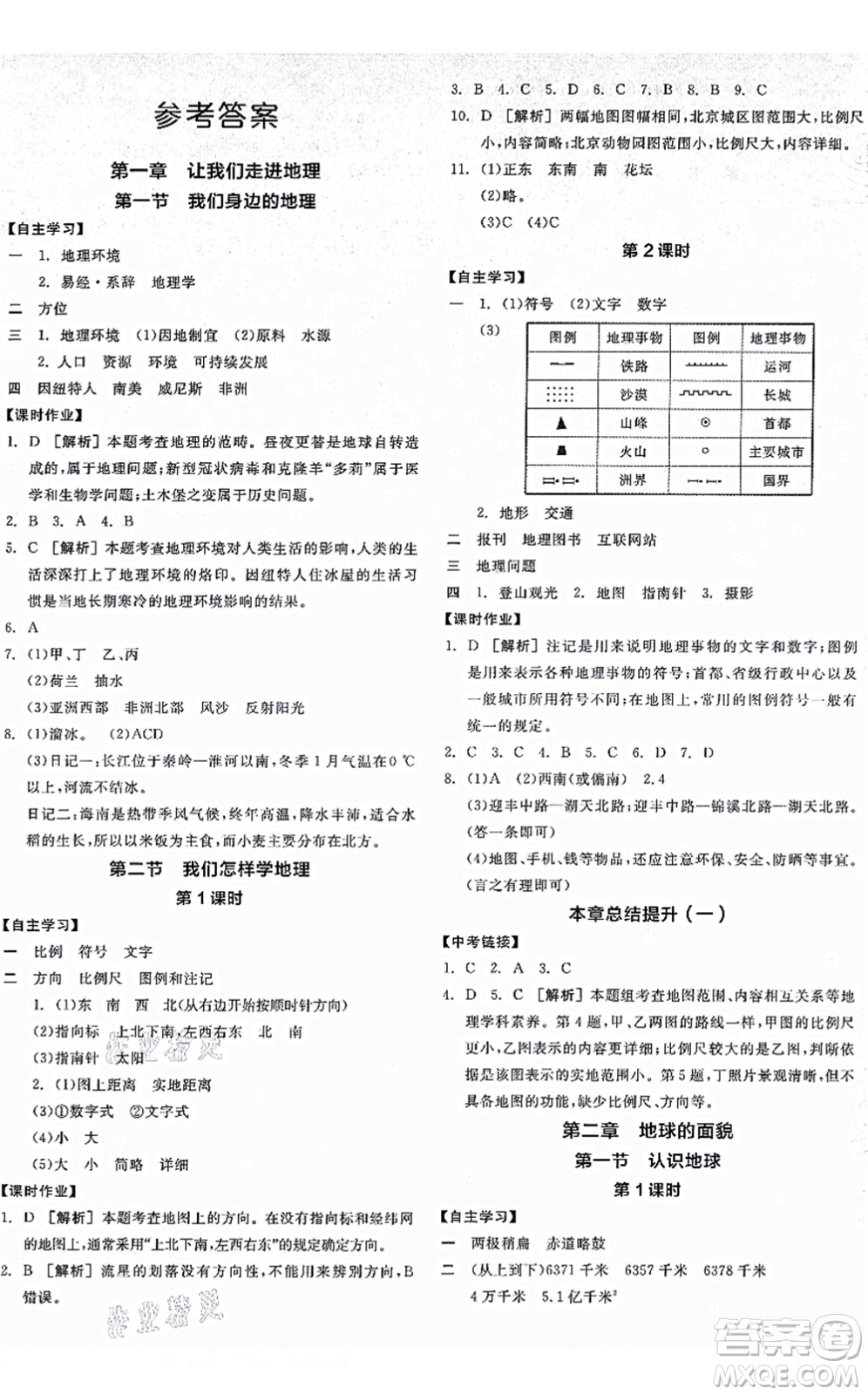 陽光出版社2021全品學(xué)練考七年級(jí)地理上冊(cè)XJ湘教版答案