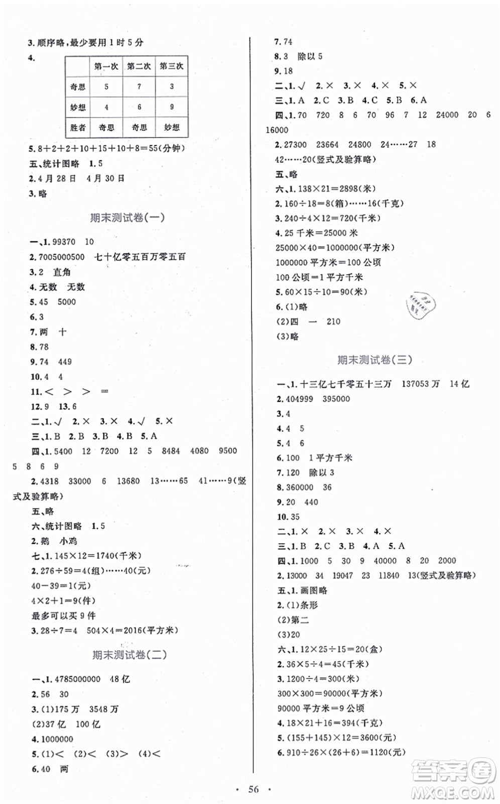 內(nèi)蒙古教育出版社2021小學(xué)同步學(xué)習(xí)目標(biāo)與檢測四年級數(shù)學(xué)上冊人教版答案