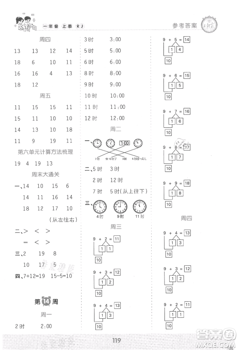 江西人民出版社2021王朝霞口算小達人一年級上冊數(shù)學人教版參考答案