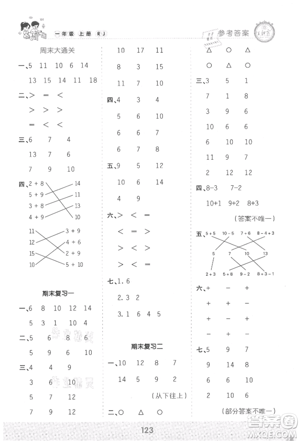 江西人民出版社2021王朝霞口算小達人一年級上冊數(shù)學人教版參考答案