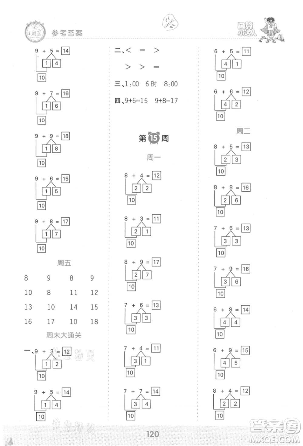 江西人民出版社2021王朝霞口算小達人一年級上冊數(shù)學人教版參考答案