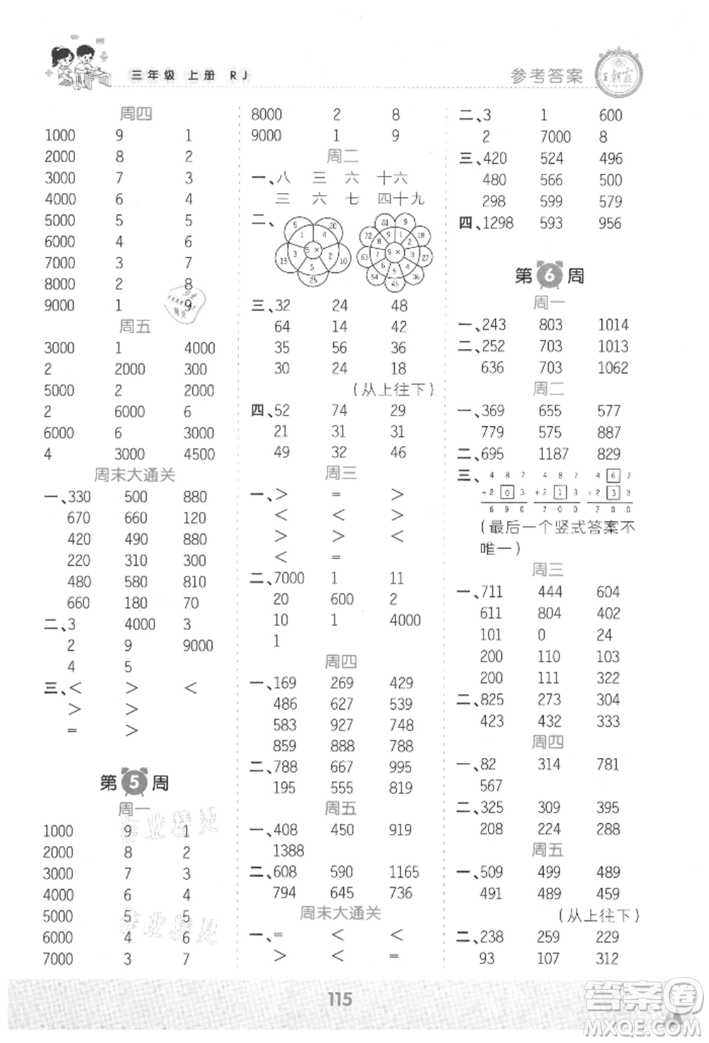 江西人民出版社2021王朝霞口算小達人三年級上冊數(shù)學人教版參考答案