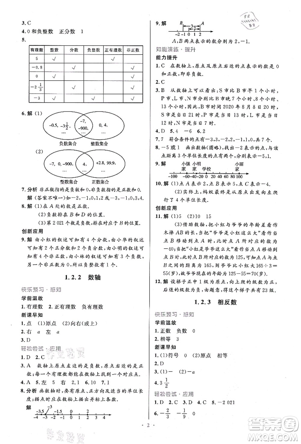 人民教育出版社2021初中同步測控優(yōu)化設(shè)計(jì)七年級數(shù)學(xué)上冊精編版答案