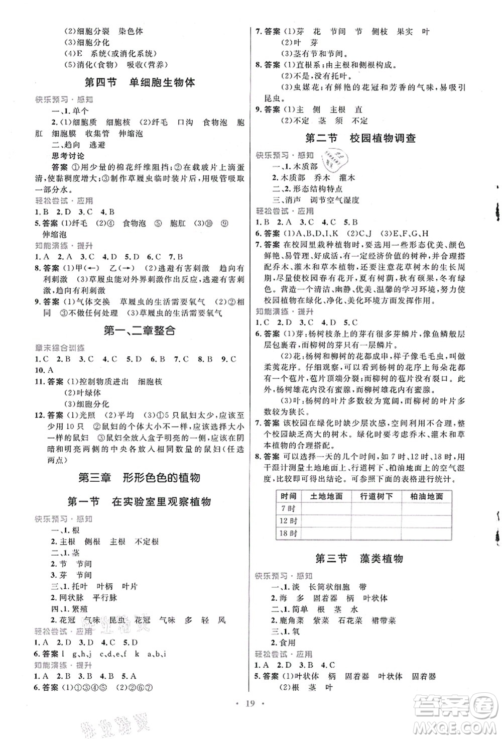 知識(shí)出版社2021初中同步測(cè)控優(yōu)化設(shè)計(jì)七年級(jí)生物上冊(cè)冀少版福建專版答案