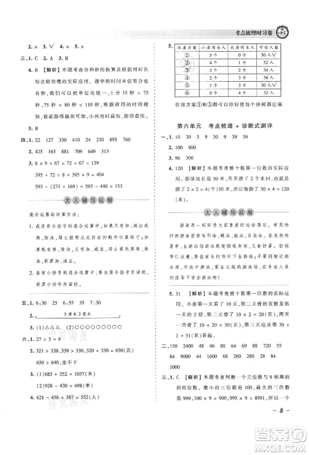 江西人民出版社2021王朝霞考點梳理時習卷三年級上冊數(shù)學人教版參考答案